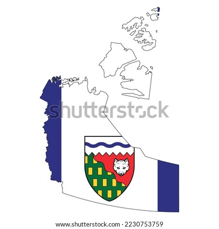 The map of the Northwest Territories with its official flag isolated on white background. Vector illustration
