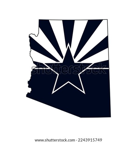 Map of the Arizona state with the official flag in white and black colors isolated on white background. Vector illustration