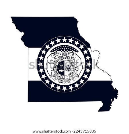 Map of the Missouri state with the official flag in white and black colors isolated on white background. Vector illustration