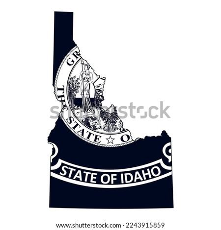 Map of the Idaho state with the official flag in white and black colors isolated on white background. Vector illustration