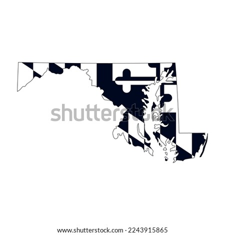 Map of the Maryland state with the official flag in white and black colors isolated on white background. Vector illustration