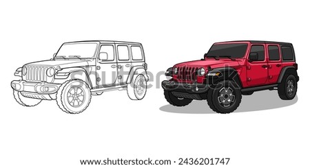  4x4 off-road car vector llustration design. Illustration of a red 4x4 off-road car and line art of 4x4 off-road car.