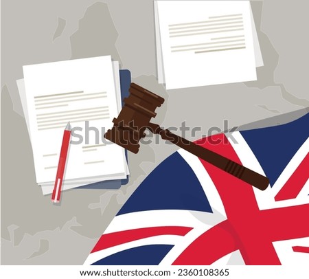 uk law, UK law and regulation, UK law with UK flag, documents, file, pen and judge hammer and transparent world map in bg