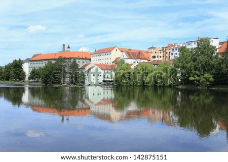 Colorful spring medieval Town Pisek above the river Otava, Czech Republic
