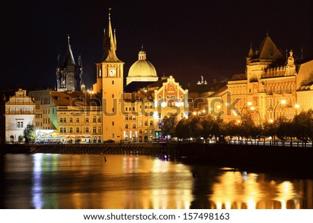 The night View on bright Prague Old Town above the River Vltava, Czech Republic