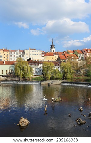 Colorful spring medieval Town Pisek above the river Otava, Czech Republic