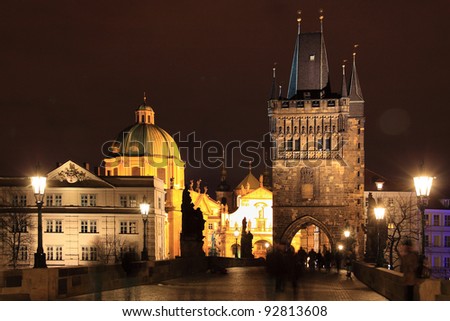 The night View on bright Prague Old Town with the Bridge Tower, Czech Republic