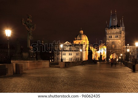 The night View on bright Prague Old Town with the Bridge Tower, Czech Republic
