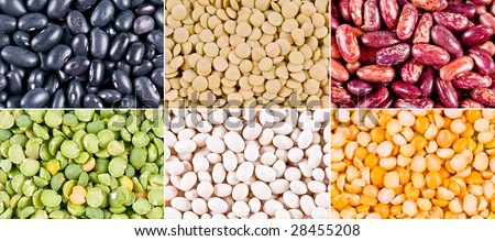 Collage of different types of haricot beans, peas and lentil