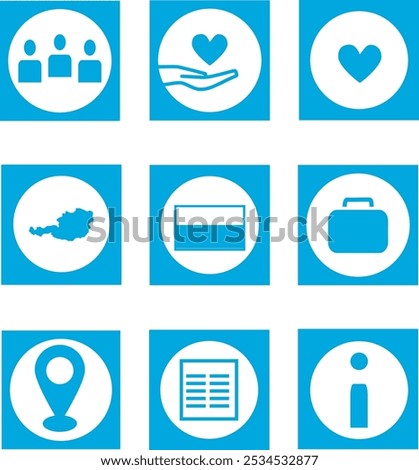 Business and Social Interaction Icon Set: contacts, helping hand with a heart, Austria outline, flag, briefcase, navigation pin, lined paper, information. Perfect for projects, charity, mapping, apps