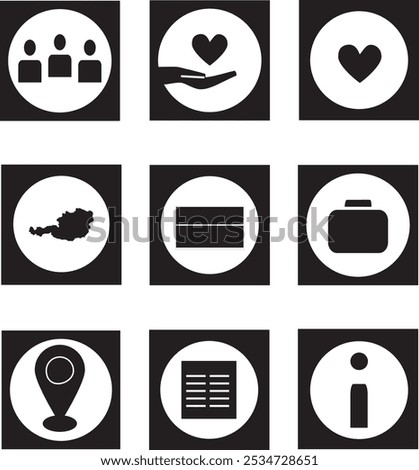 Business and Social Interaction Icon  Set (in black and white): contacts, helping hand, heart, flag, briefcase, navigation pin, lined paper, information. Perfect for projects, charity, mapping, apps