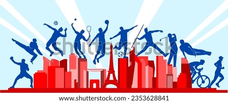 Great editable vector file of international  multisport players silhouette around paris city skyline with classy and unique style best for your digital design and print mockup