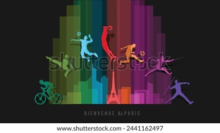 Great editable vector file of multisport players silhouette in the front of paris skyline with modern and light style best for your digital design and print mockup