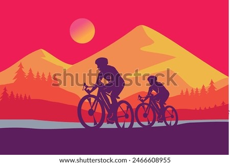 Premium editable vector file of two cyclists with good afternoon mountain scene in the background best for your digital design and print mockup