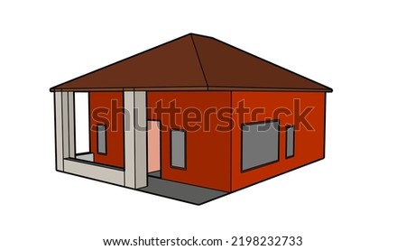small house architecture with 2 pillars in front and made by sketchup