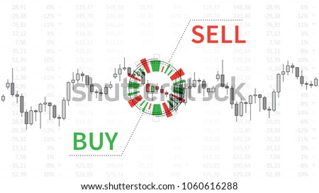Stock market chart with graphic elements vector illustration. Financial forex trade candlestick graph with words buy and sell creative concept. Buy or sell signal for currencies (forex trade) design