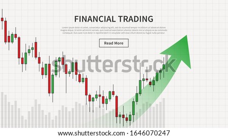 Financial trade chart with uptrend arrow vector illustration. Stock market candlestick graph webpage banner. Forex trading graphic design concept.
