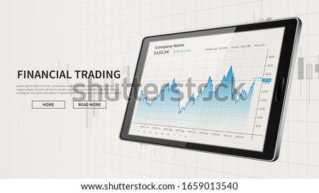 Tablet with stock market candlestick graph advertising web banner. Financial analytics vector illustration. Forex trading graphic design concept.
