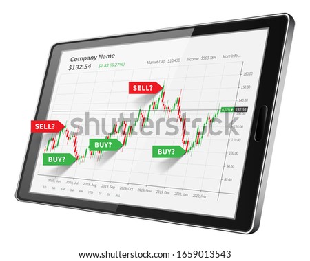 Tablet with stock market candlestick graph vector illustration. Electronic device with financial trade chart and signals vector illustration. Forex trading graphic design concept.
