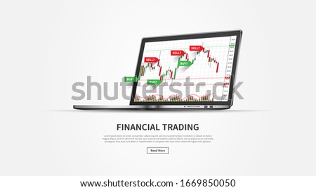 Stock trade web banner with laptop vector illustration. Web banner template for trading companies graphic design. Financial chart buy and sell signals for stock exchange market concept.
