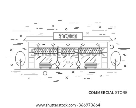 Linear flat exterior (landscape) design illustration of modern designer store (shop) with windows, trees, decorative. Outline vector graphic concept of store (shop) exterior (landscape) design.  
