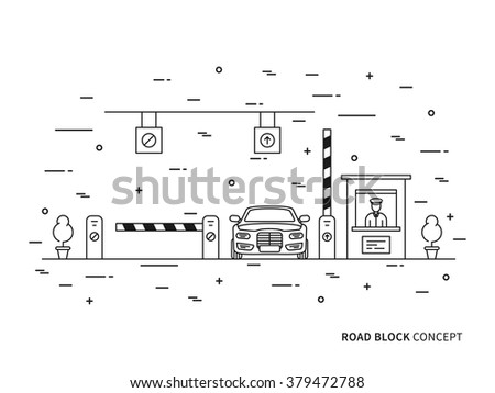 Road checkpoint station (pay-gate, tourniquet) linear vector illustration. Road barrier stop gate creative graphic concept. Road traffic security entrance graphic design.
