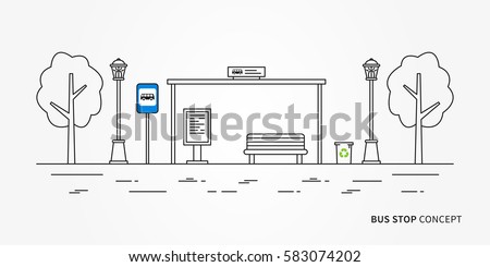 Bus stop vector illustration. Public transport station line art concept. Urban bus terminal with signpost graphic design.
