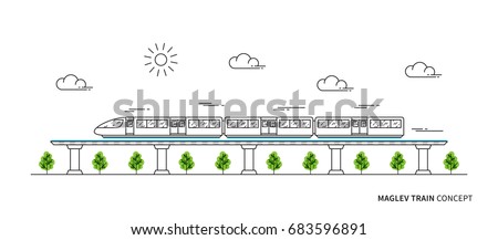 Maglev rail train vector illustration. Electric fast train line art concept. Monorail subway with magnet levitation technology graphic design.
