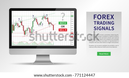 Forex Trading Signals vector illustration. Investment strategies and online trading signals on desktop computer concept. Buy and sell indicators for forex trade on the candlestick chart graphic design