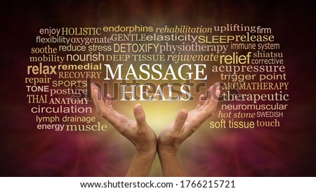 Massage heals word tag cloud - female hands reaching up with the words MASSAGE HEALS floating above surrounded by a relevant word cloud on a warm dark brown red background 
