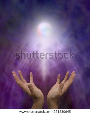 Spiritual Healing Orb  -  Healer\'s outstretched open hands with a glowing spirit orb rising up on a misty purple and blue background
