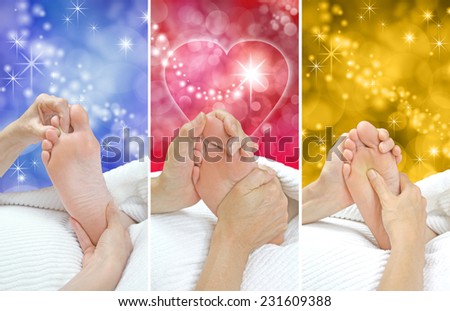 Foot Massage Christmas Gift Idea x 3 - Reflexologist holding female client\'s foot with both hands on Christmas red blue and gold bokeh backgrounds