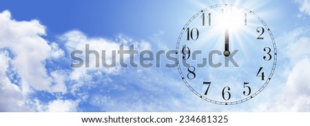 Heat of the Midday Sun  -  Wide blue sky background with fluffy clouds and a transparent clock face showing midday with a bright sunburst behind the hands at 12 o\'clock depicting the midday sun