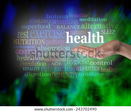 Health in the palm of your hand - Male hand outstretched with the word \'Health\' floating above, surrounded by a word cloud on a vibrant green and blue modern grunge background