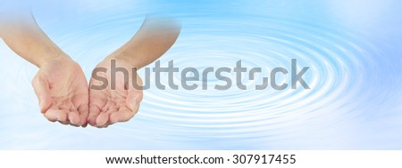 Water Healing Therapist - Female open cupped hands on a pale blue water ripple effect background with plenty of copy space