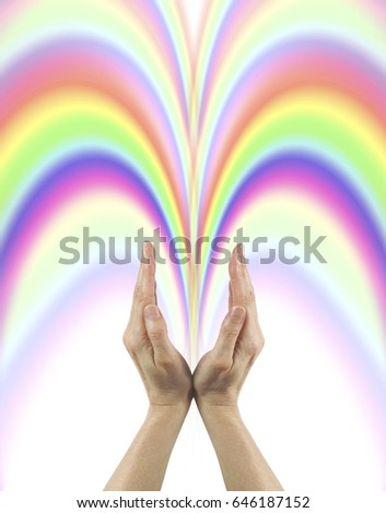 What you give out comes back ten fold - female color healer with hands cupped in v shape sending out rainbow colored healing energy  Stok fotoğraf © 