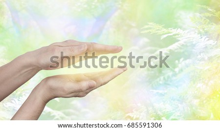 Qi Gong healing Energy - female hands held in parallel position with a golden glow between with a yellow green ethereal woodland background and copy space
 ストックフォト © 