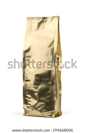 Gold foil coffee bean bag isolated on white background.