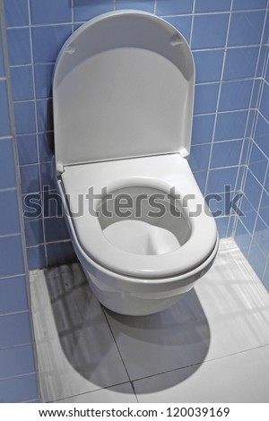 blue tiled room space and clean white toilet with open cover