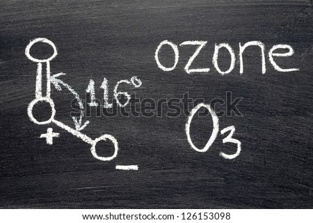 name, chemical formula and structure diagram of Ozone handwritten on blackboard