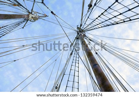 two wooden ship masts with ropes over blue cloudy sky