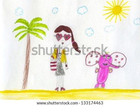 candid children color pencil drawing with serious fashion girl and pink elephant outdoors