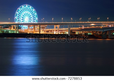 ferris wheel over night water, Tokyo