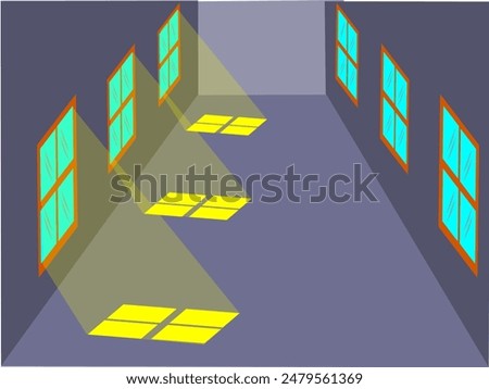 an empty room with windows on the left and right