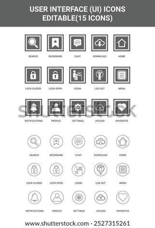 User Interface, Home, Settings, Search, Menu, Notifications, Profile, Favorites, Upload, Download, Chat, Lock Open, Lock Closed, login, Log Out, Bookmark icon design