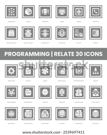 Programming related Set icon, Code Block, Function Call, Algorithm Design, Code Brackets, Compiler, Debugging, Source Code, Programming Script, Object-Oriented Programming, Code Execution, Programming