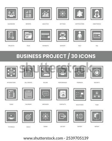 Business Project related Set icons, dashboard, reports, analytics, settings, notifications, user profile, tasks, calendar, messages, and contacts vector sheet icon set illustration