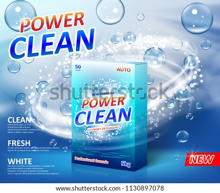 Powder laundry detergent Advertising poster. Washing powder carton box package label template with soap bubbles. Stain remover Cleaner design for bathroom. Vector illustration