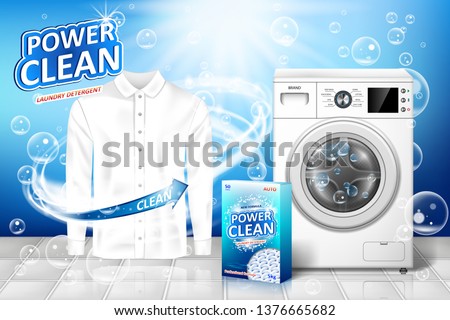 Laundry detergent ad. Stain remover banner design with realistic washing machine and laundry detergent package with clean white shirt. vector illustration