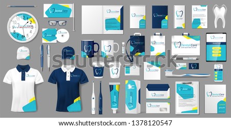 Corporate medical center Branding identity template design. Modern Stationery mockup for Dental Clinic. Business style Tooth template for your brand. Vector illustration